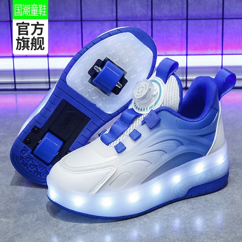 男童暴走鞋2024春季新款时尚闪灯双轮溜冰鞋中大童旋转纽扣滑轮鞋