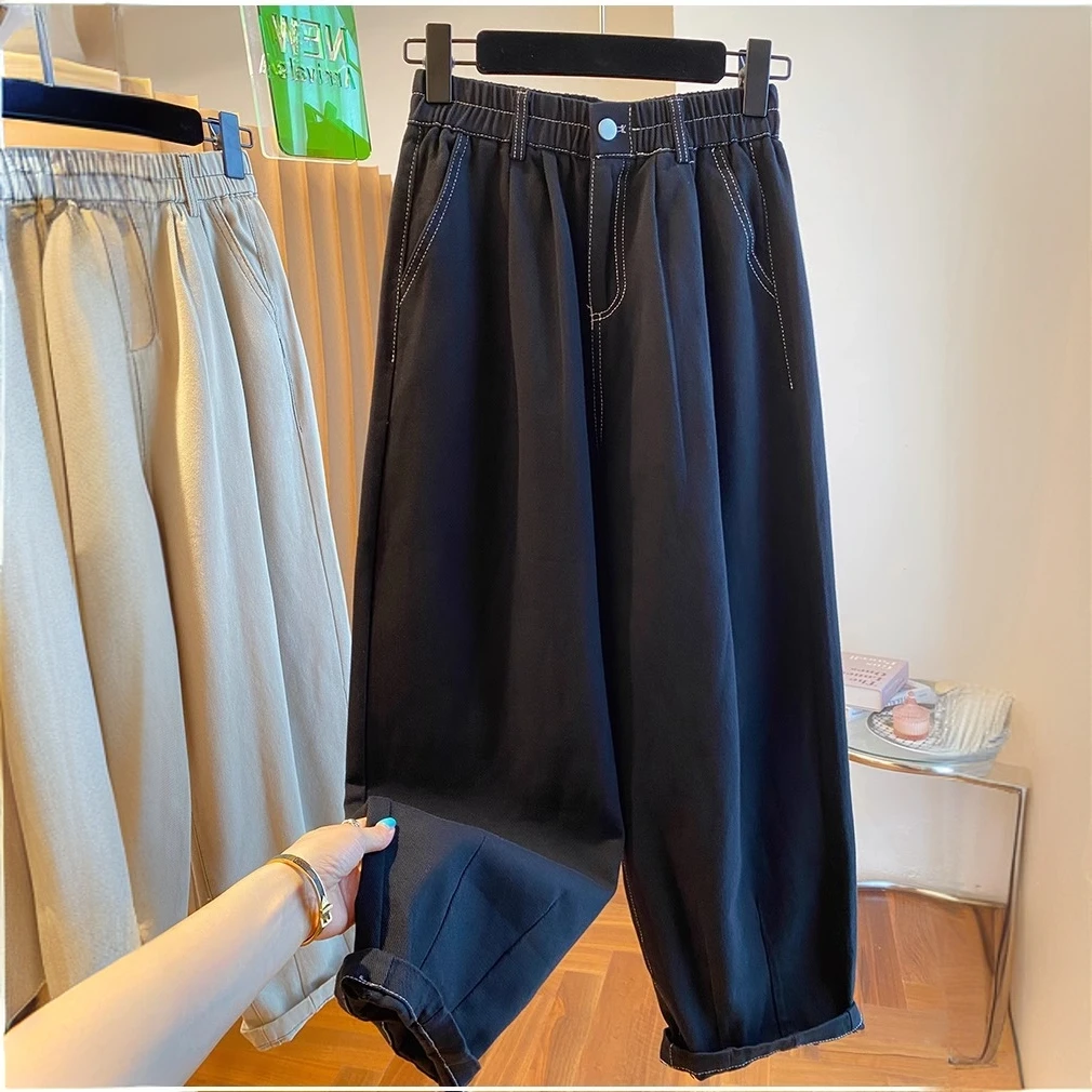 韩国高级感黑色牛仔裤女春秋2024新款宽松休闲显瘦哈伦裤九分裤子