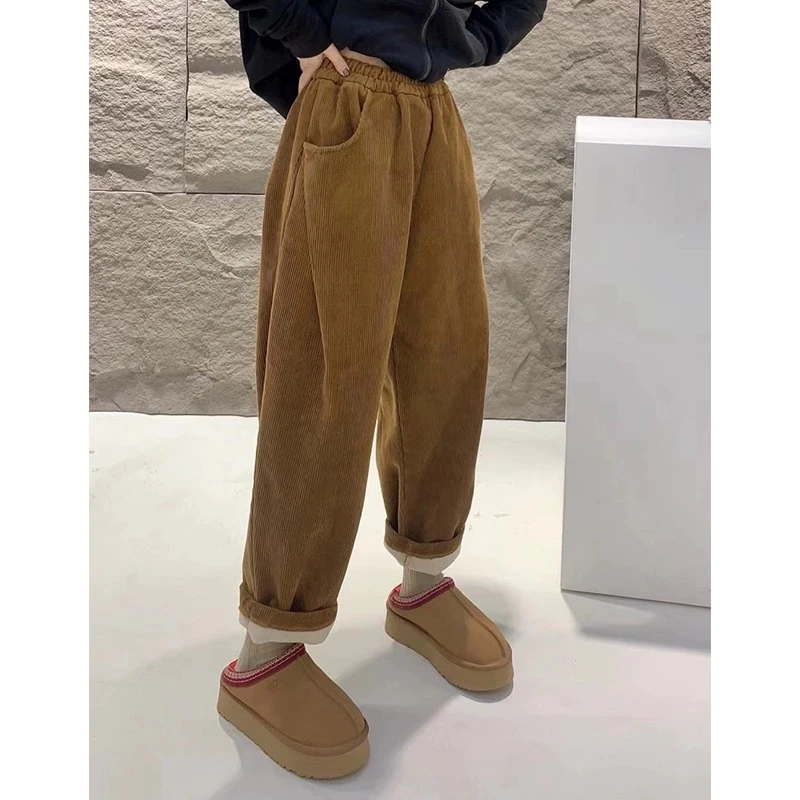 美拉德灯芯绒裤子女秋冬2024新款加绒加厚休闲小个子宽松运动卫裤