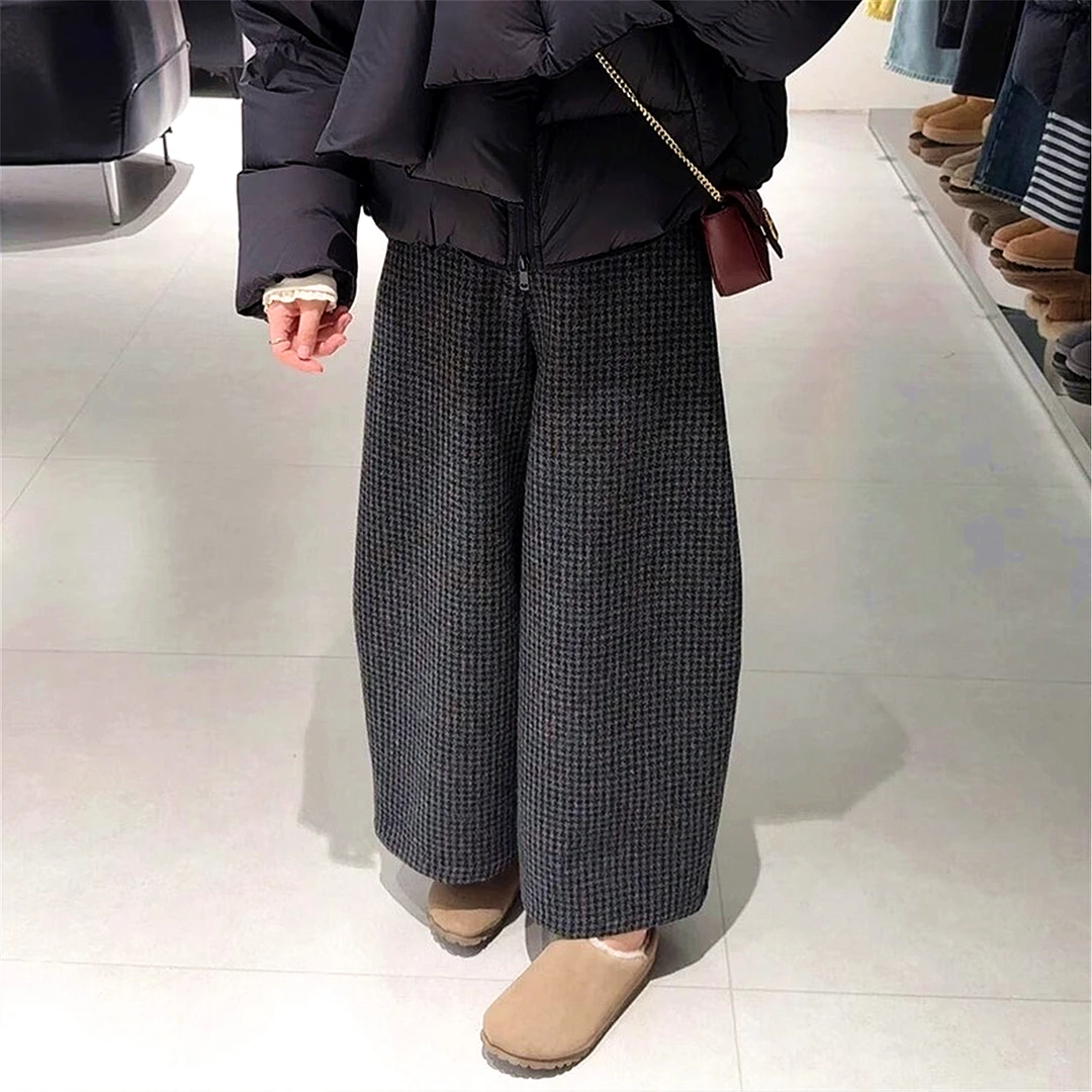 韩系千鸟格冬季加厚羊毛镰刀裤女小个子气质高腰时髦弯刀裤奶奶裤