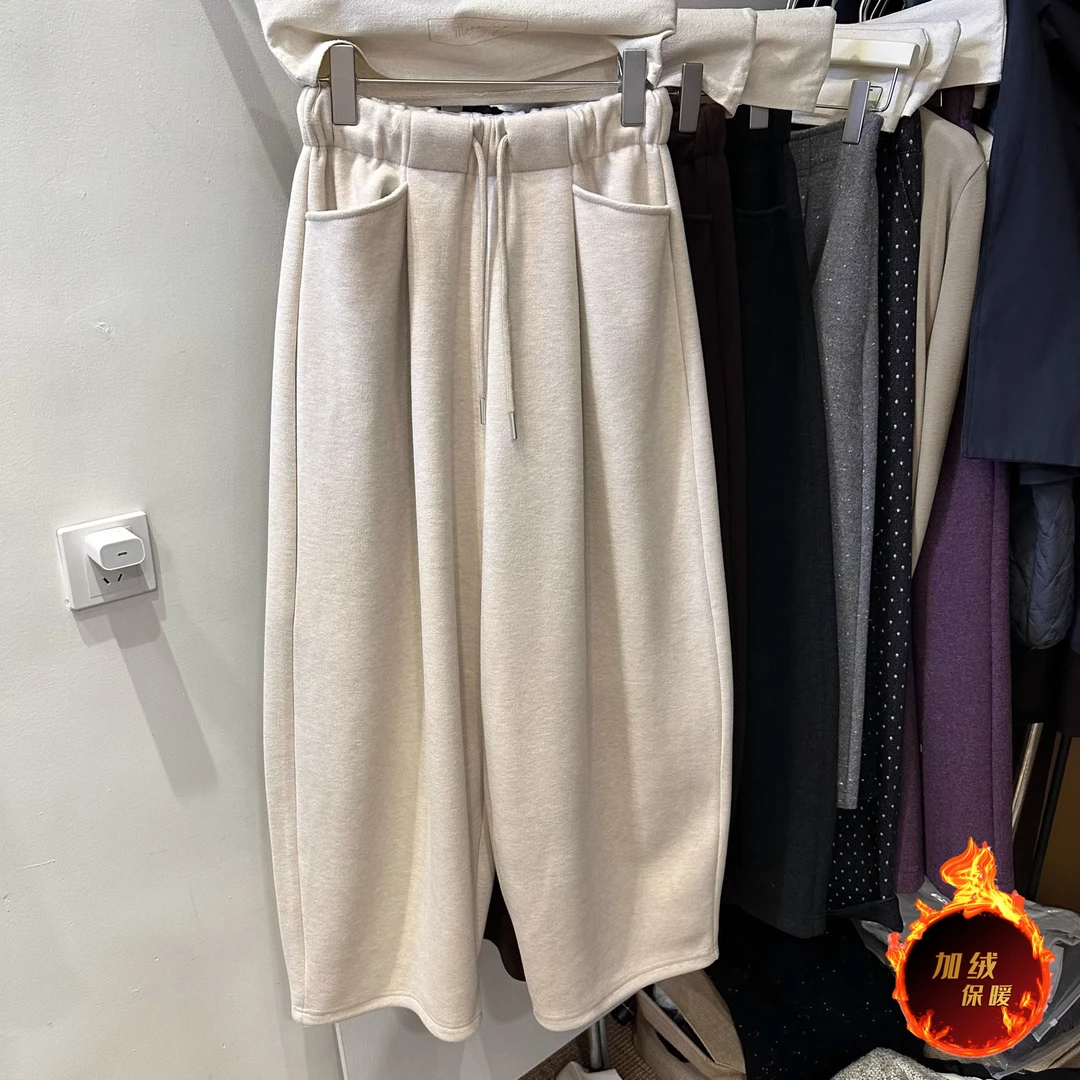 韩系纯色抽绳毛呢软糯垂感阔腿裤女2024冬新款高腰软糯直筒奶奶裤