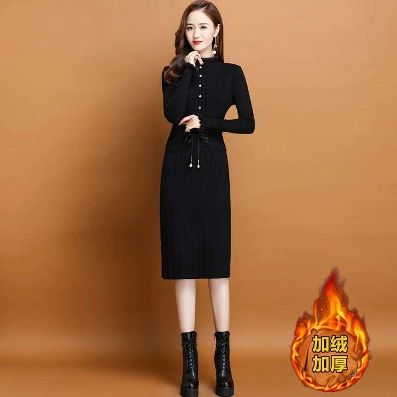 加绒加厚假两件针织连衣裙女秋冬中长款系带新款修身打底内搭毛衣