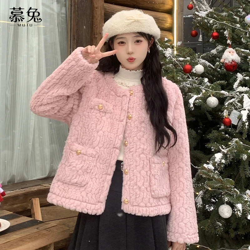 慕兔法式小香风仿羊羔毛外套女冬2024新款高级感皮毛一体加厚上衣