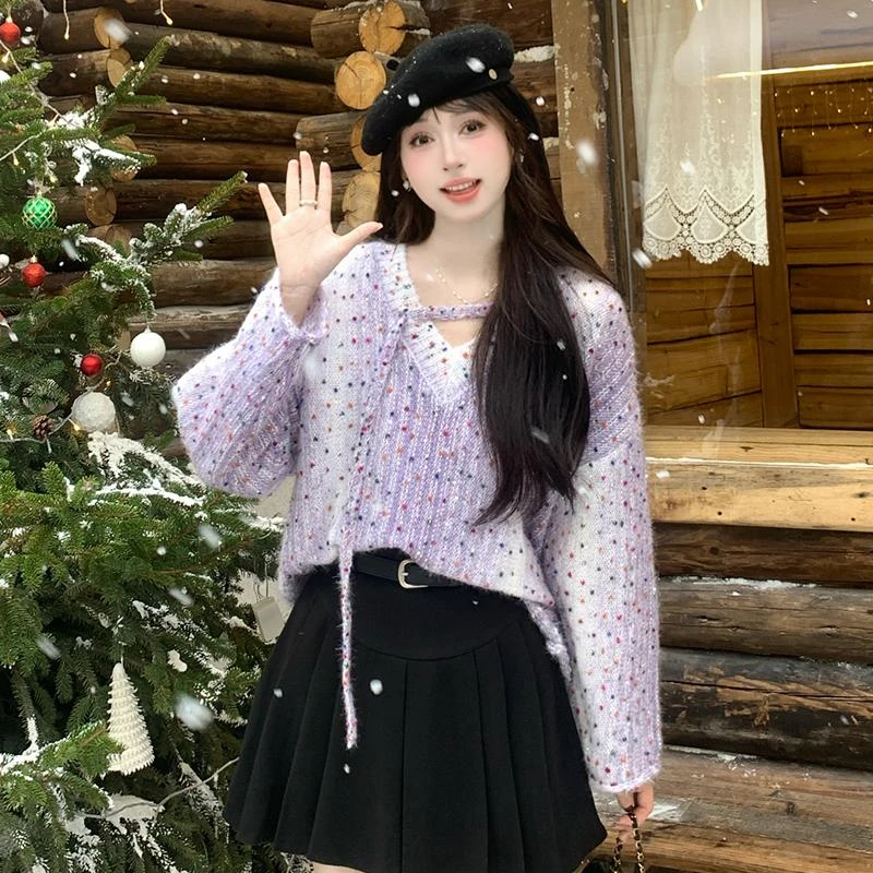 慕兔慵懒风渐变色波点毛衣女2024冬季新款宽松V领长袖针织衫上衣