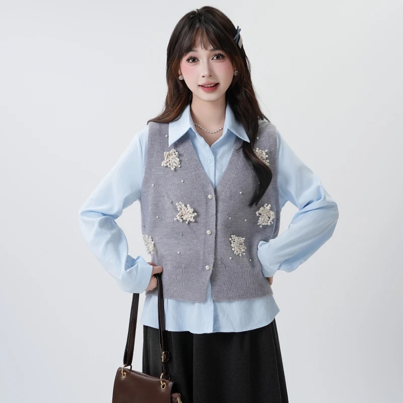 慕兔韩系学院风POLO领衬衫搭针织马甲女2024秋冬新款小个子两件套