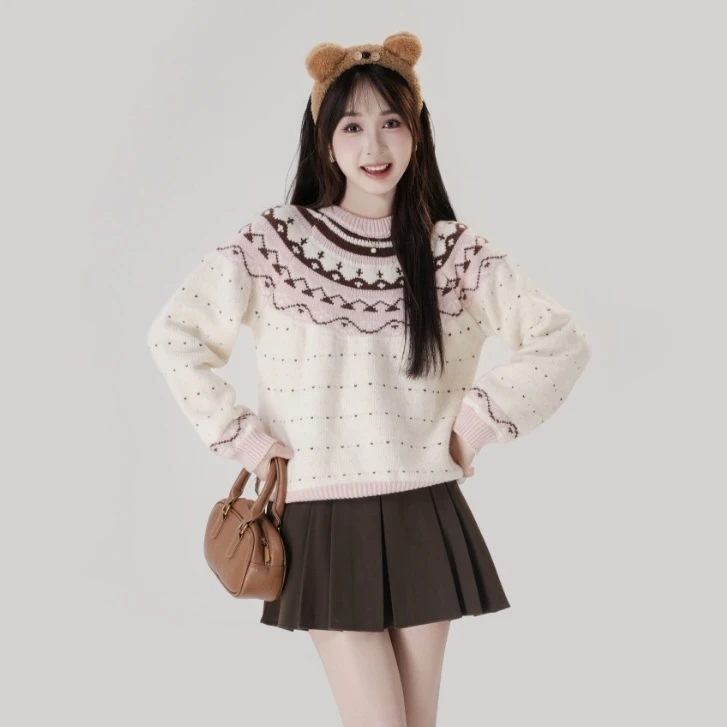 慕兔波西米亚风复古花纹针织衫女2024秋冬新款小个子圆领针织上衣