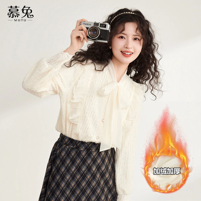 （小铃铛）TU22243法式长袖衬衫加厚蝴蝶结系带内搭打底衫加绒上衣