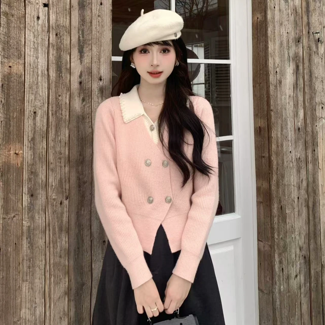 慕兔学院风灰色假两件毛衣女2024秋冬新款高级感长袖针织开衫上衣