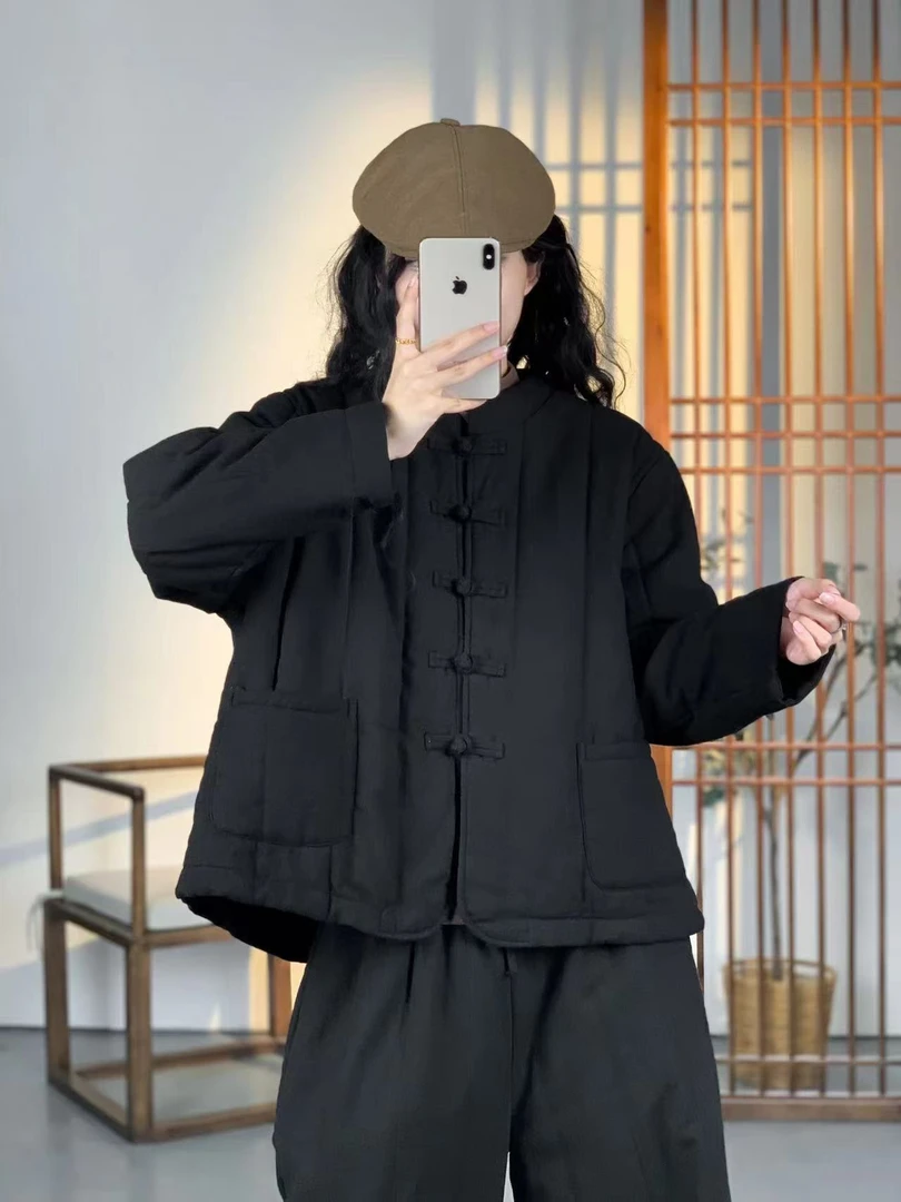 17523砂洗麻加厚盘扣棉袄保暖