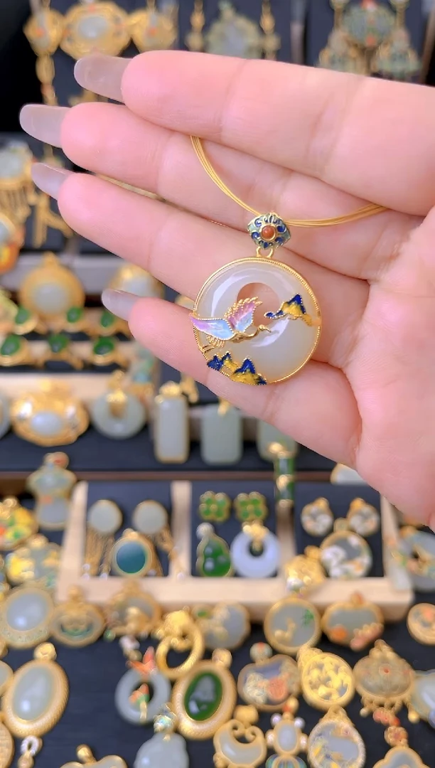 【闪购商品】和田玉吊坠银S925镀金镶嵌飞鹤平安环吊坠