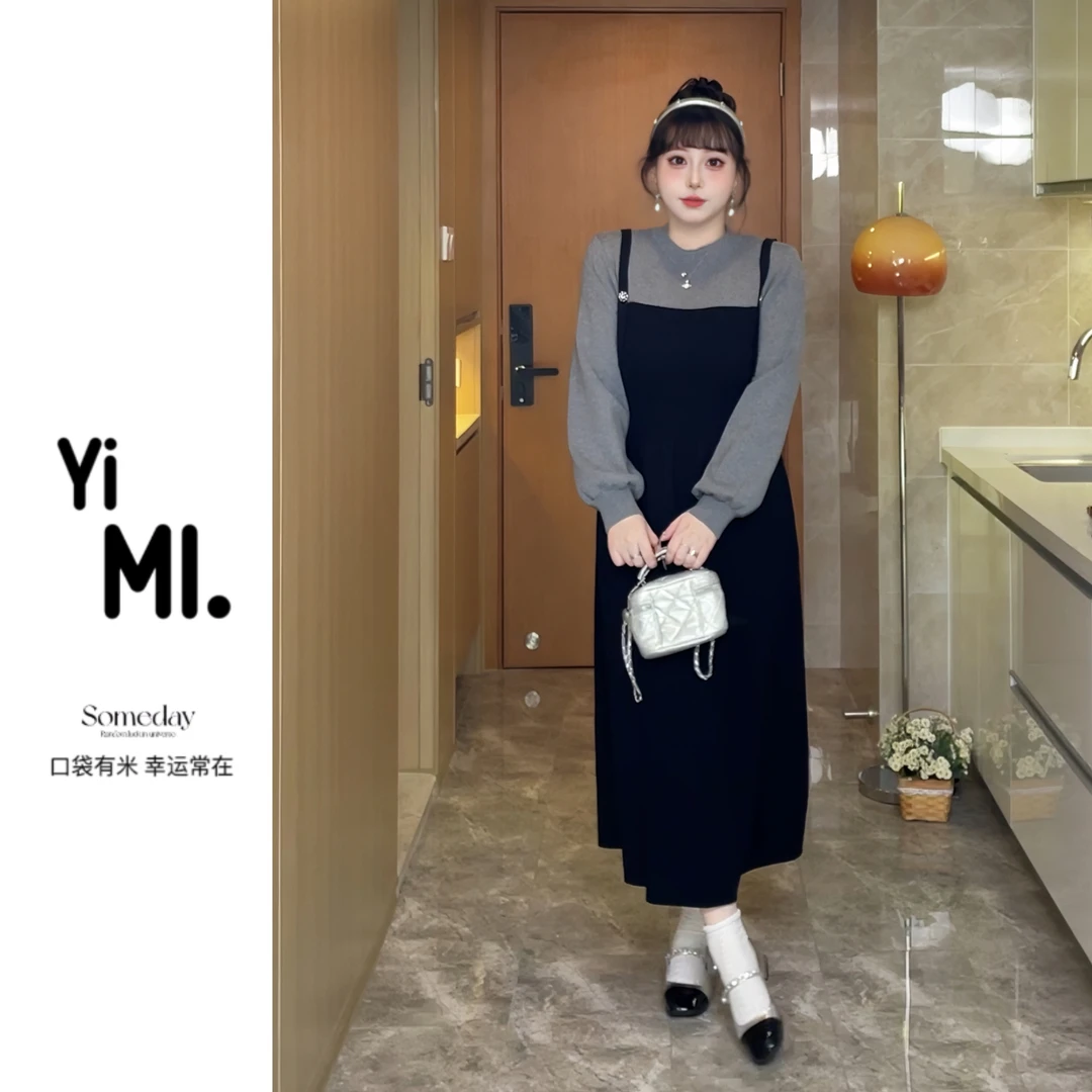 亿米-现货(晴时烟雨)大码女装针织假两件连衣裙针织裙