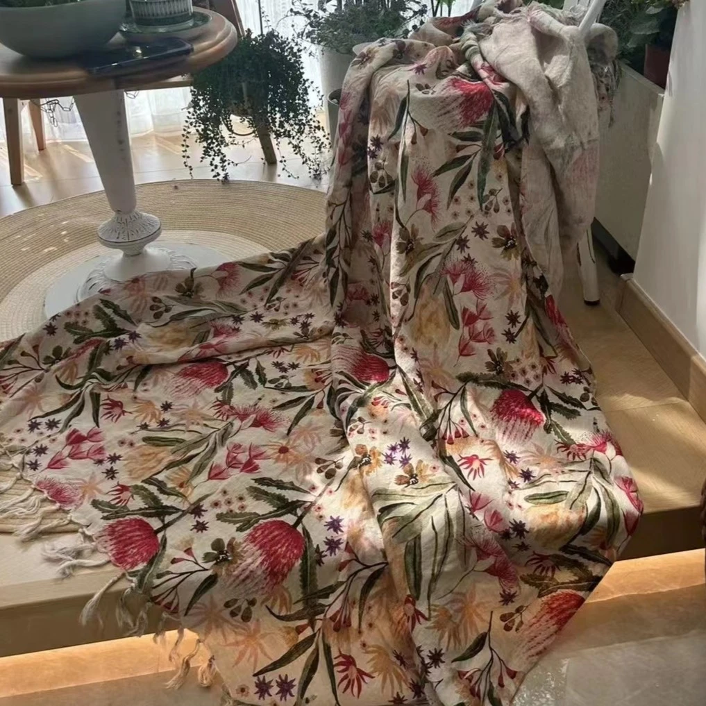 澳洲原单设计师画稿  100%雨露麻印花流苏盖毯 午睡毯子沙发毯