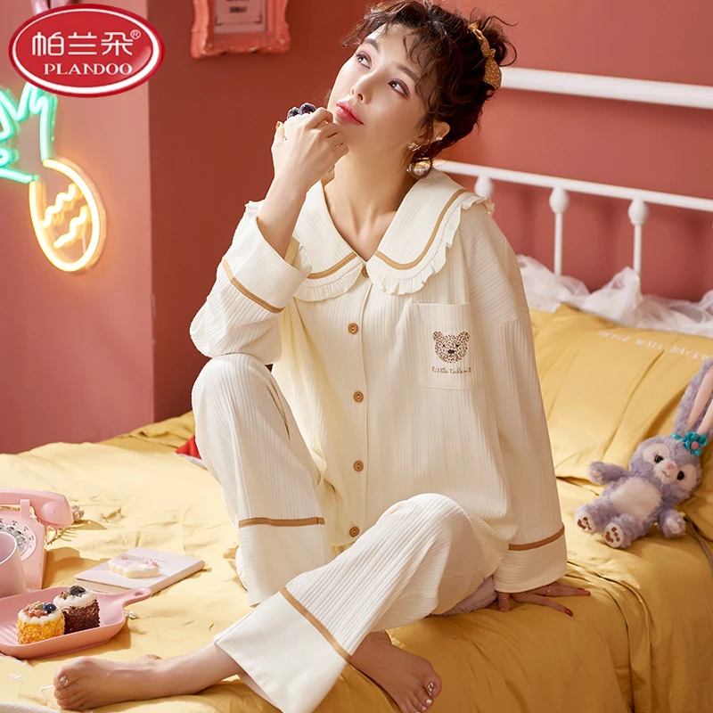 帕兰朵睡衣女款套装长袖长裤2025秋季纯棉休闲宽松舒适大码家居服