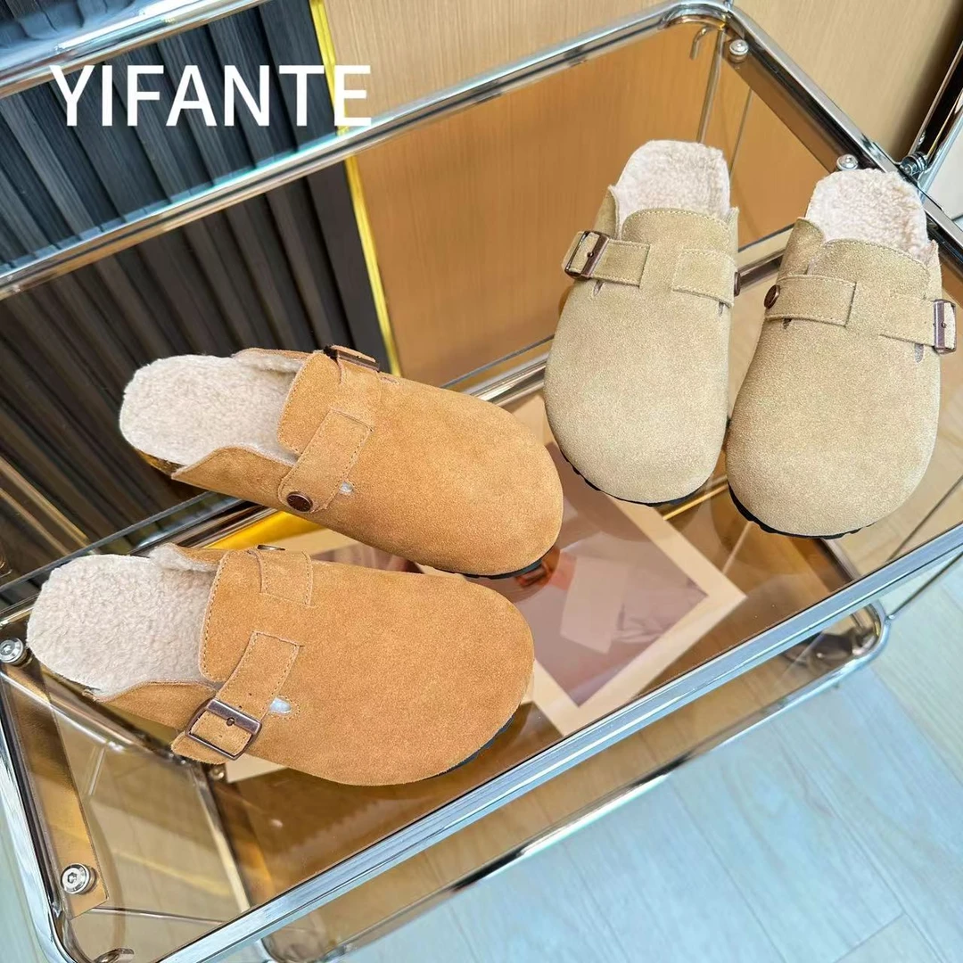 新款真皮牛皮软木软底勃肯鞋加绒半拖秋冬懒人鞋一脚蹬女牛皮博肯