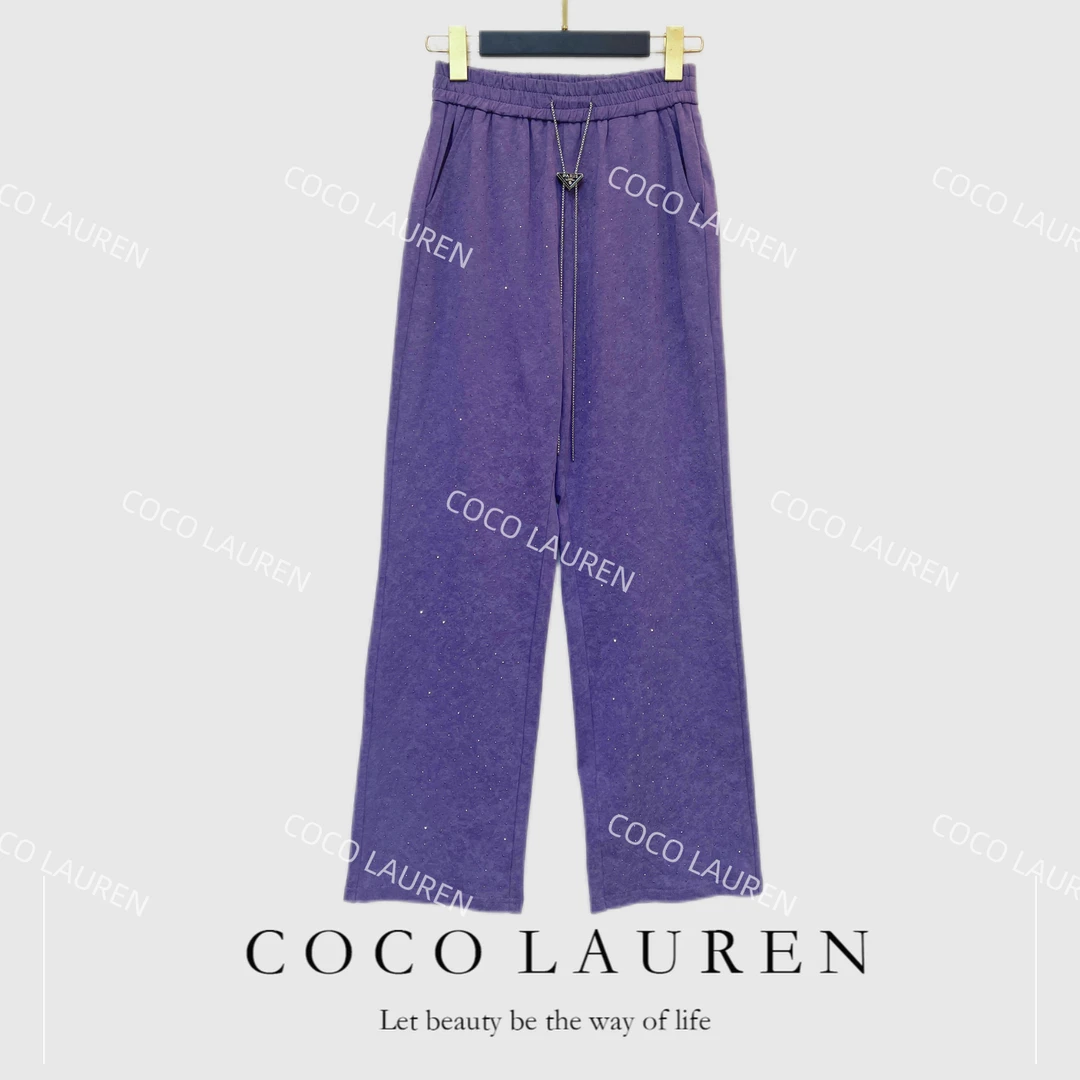 LAUREN-A21671 新款重工时尚高腰纯色紫色直筒烫钻休闲长裤女款