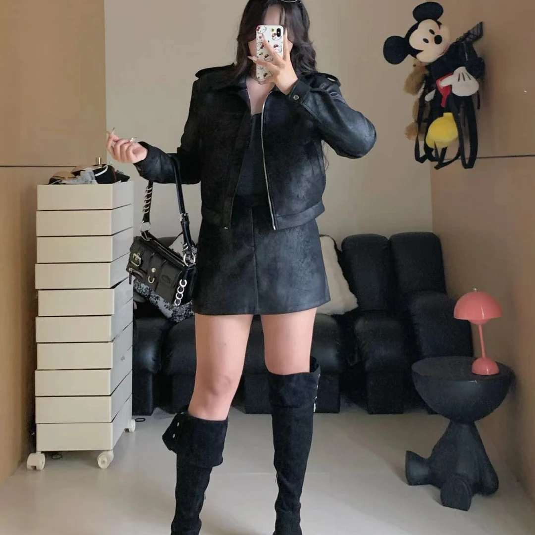 慧芝huizhi Allblack擦色皮衣 定制款正肩黑色手工擦色皮衣套装