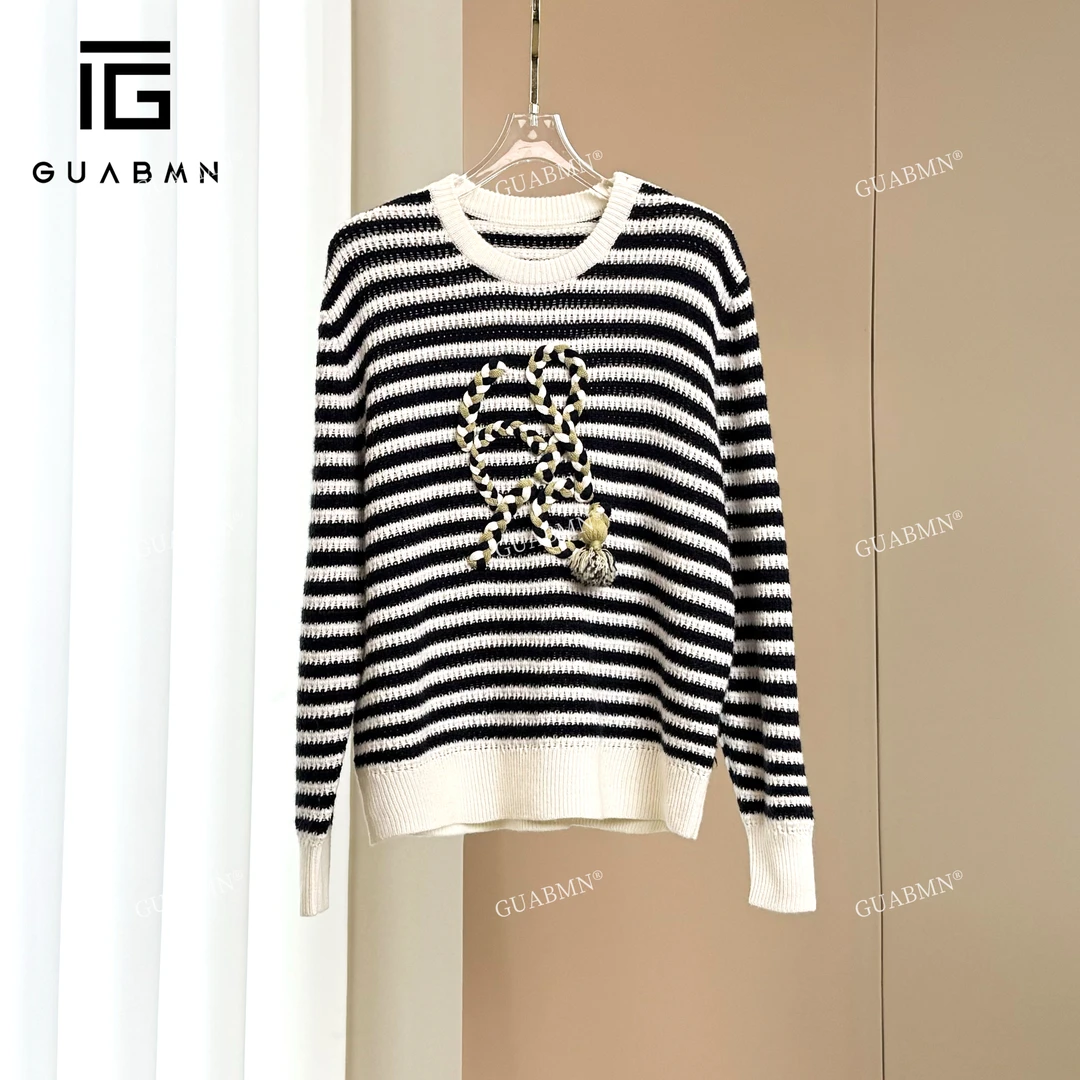GUABMN2024秋季新款翻花挑洞条纹女休闲针织衫3712红人上新