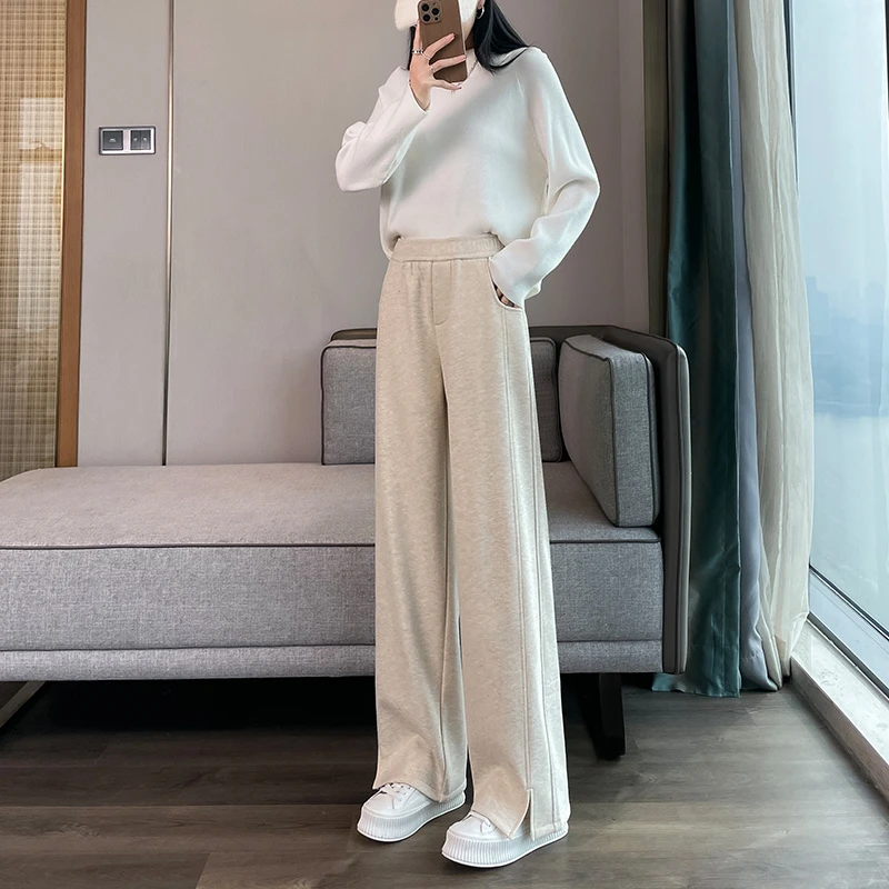 人字纹毛呢开叉香蕉阔腿裤加绒加厚女秋冬季九分大码直筒休闲裤女