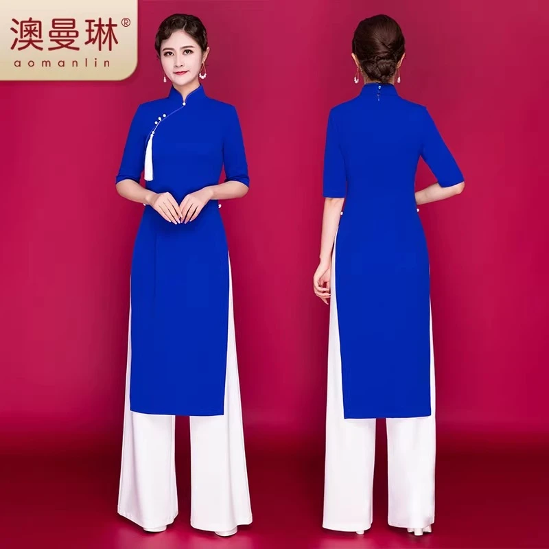 澳曼琳高端免烫微弹奥黛走秀旗袍越南阔腿裤套装中国风舞台演出服