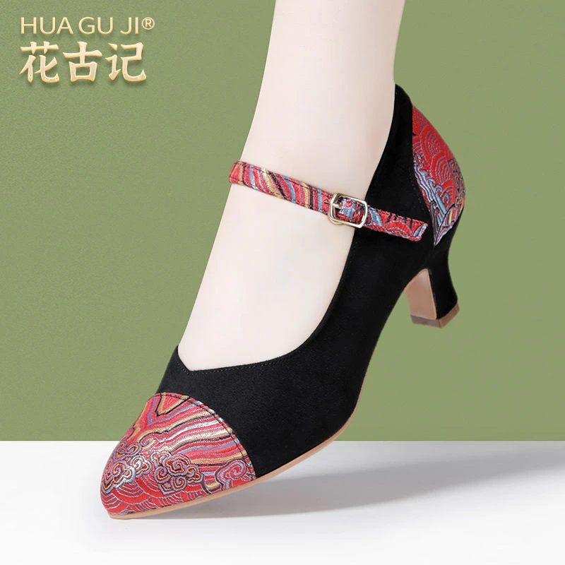 真皮模特妈妈鞋走秀高跟鞋女复古中国风刺绣汉服中跟时尚工作单鞋
