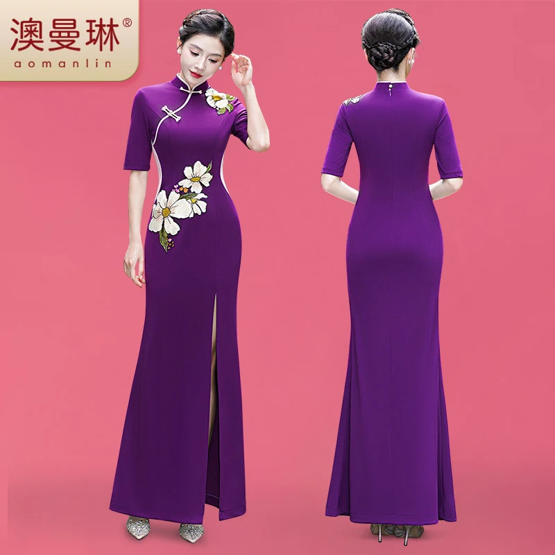 澳曼琳弹力修身刺绣开叉舞台旗袍显瘦免熨烫优雅走秀中长款中国风