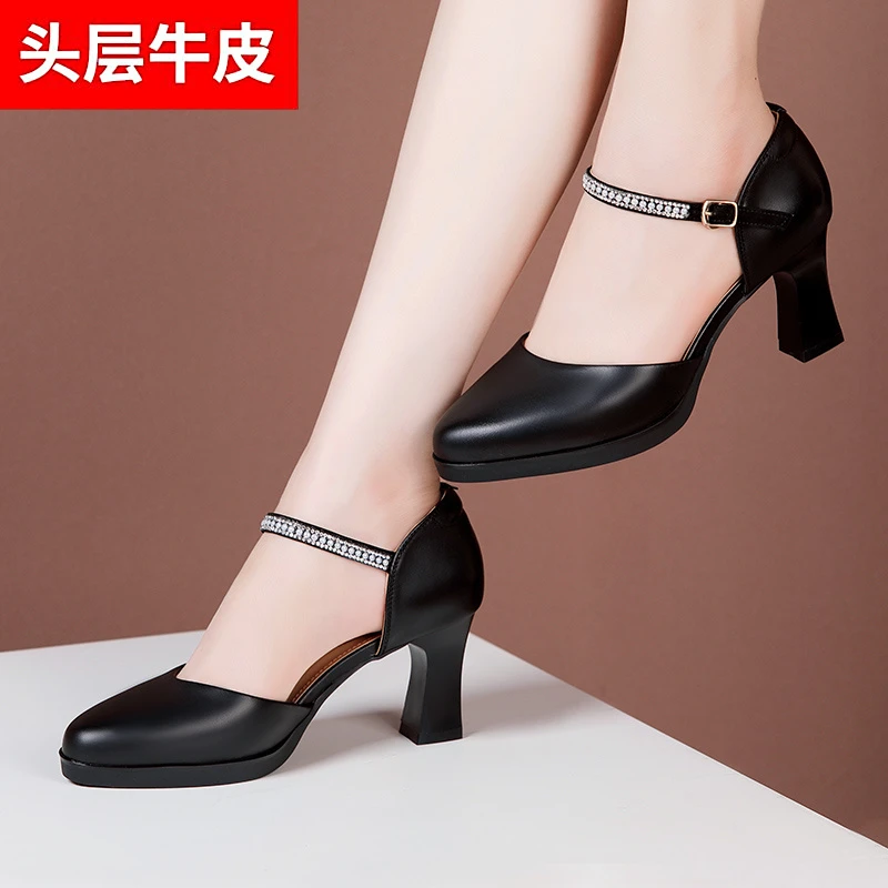 澳曼琳真皮女鞋模特走秀高跟鞋女包头中空粗跟演出礼仪形体训练鞋
