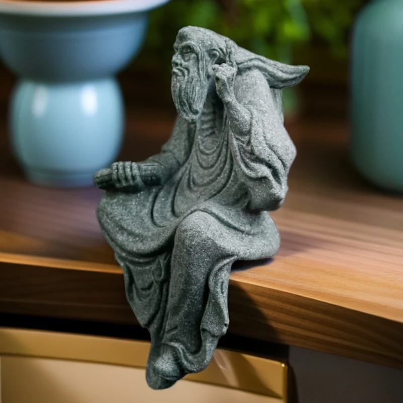 国风老子手工石雕达摩祖师创意摆件鱼缸工艺品茶宠好物青砂石工艺