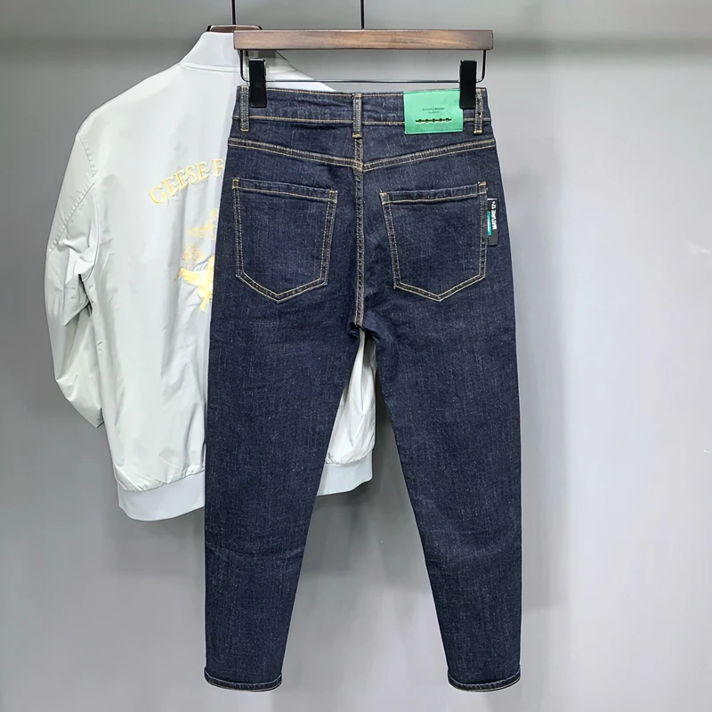 深蓝色牛仔裤男秋季款潮流弹性修身小脚帅气百搭水洗简约风九分裤