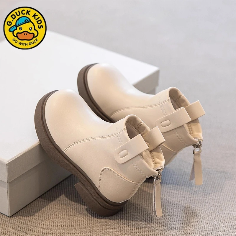 G.DUCK小黄鸭女童马丁靴2024新款秋冬儿童短靴软底加绒皮靴公主靴