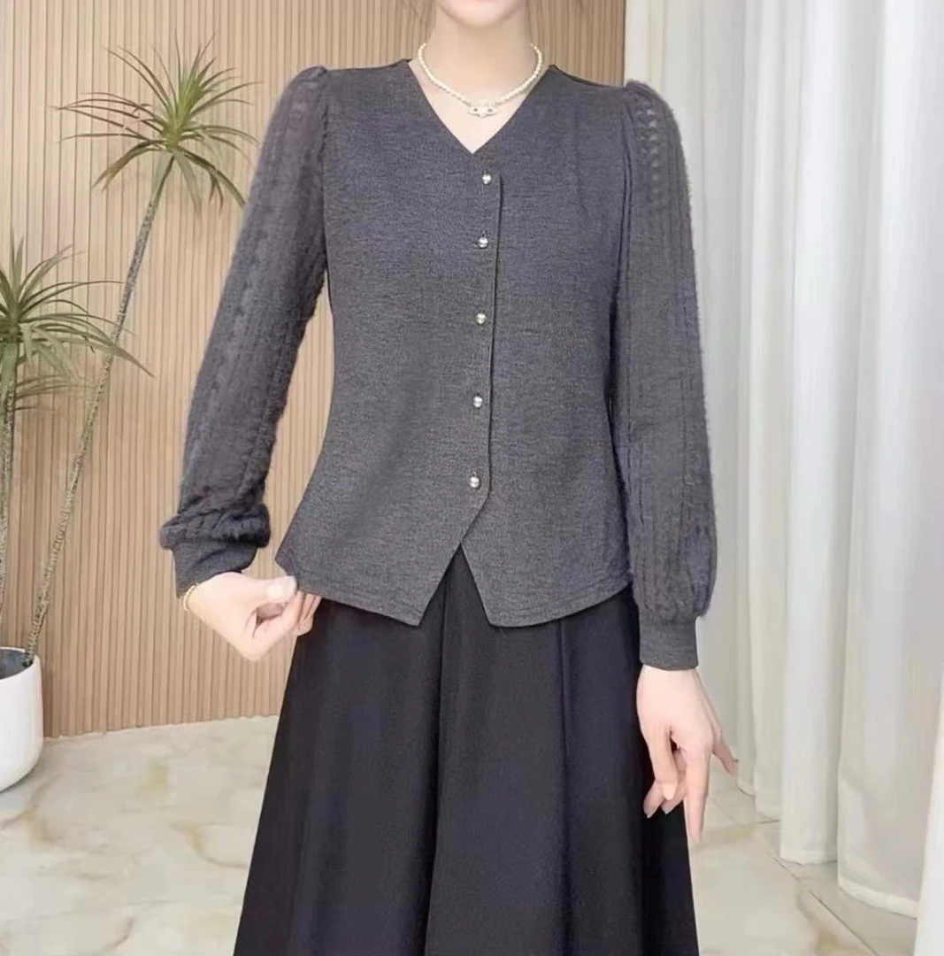 v领开衫长袖拼接法式针织衫女新款秋打底衫时尚气质显瘦百搭上衣