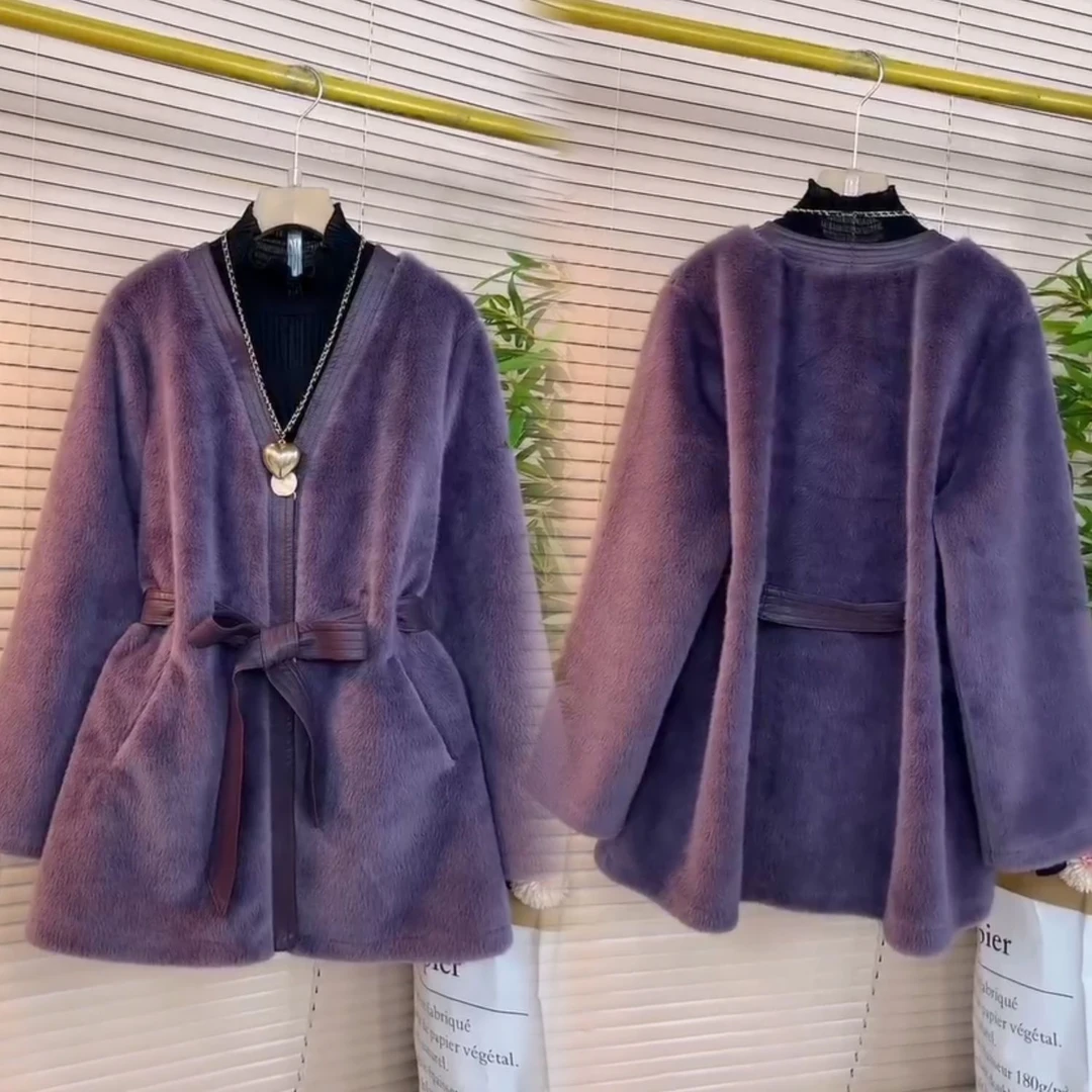 气质轻奢名媛高级系带纯色仿皮草外套大码女装显瘦遮肉秋冬季节新