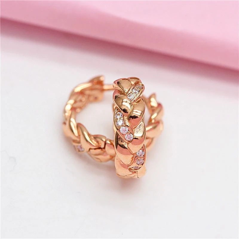 俄罗斯585紫金叶子编织耳扣简约ins玫瑰金镀14k彩金时尚气质百搭