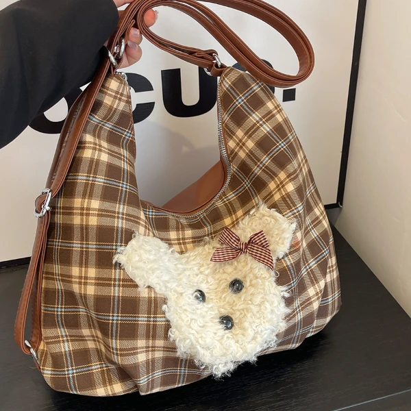 复古格子大容量包包女2024新款小狗单肩包设计感斜挎包通勤双肩包