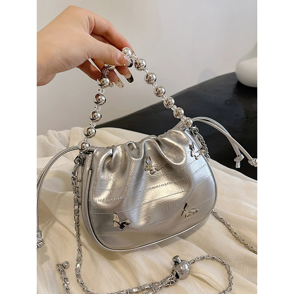 今年爆款银色水桶包包女式2024新款夏天超火百搭链条单肩斜挎小包