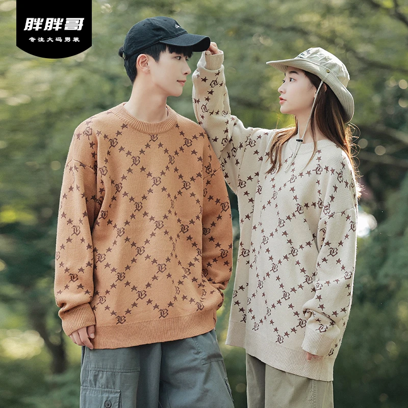 胖胖哥宽松潮牌印花长袖毛衣秋季新款百搭潮牌情侣款长袖毛针织衫
