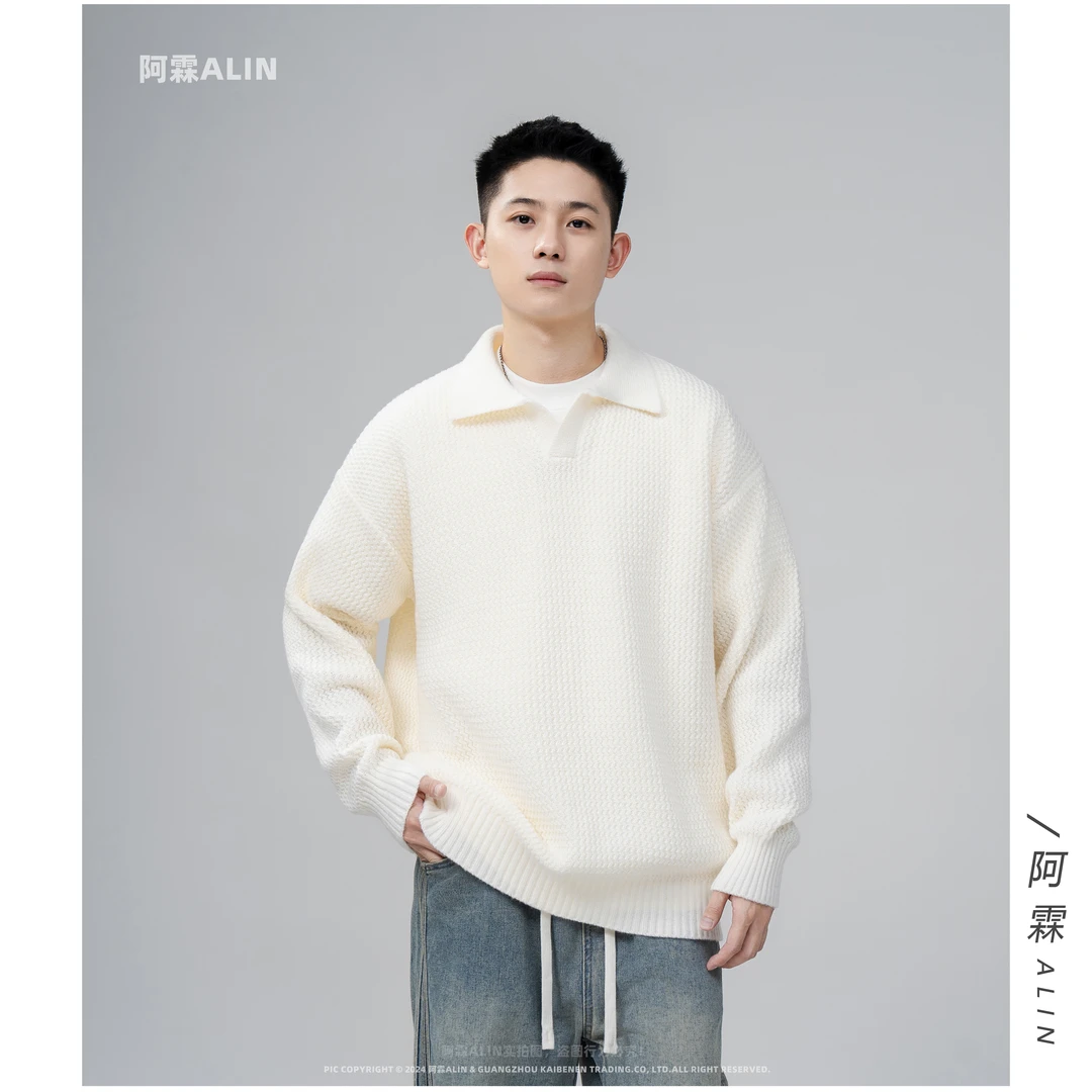 NHNE 多色韩系曲线波纹肌理POLO针织衫简约百搭秋季情侣翻领毛衣