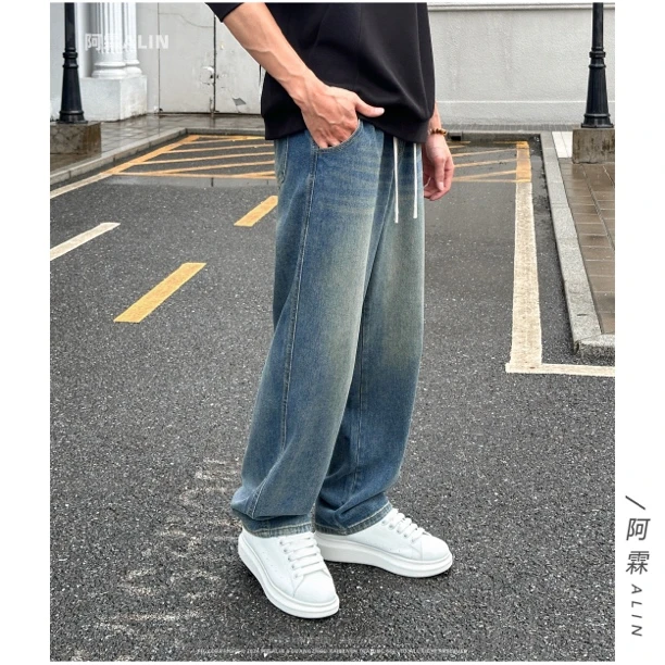 NHNE 秋季软牛仔裤休闲复古垂感水洗百搭抽绳弹力松紧长裤