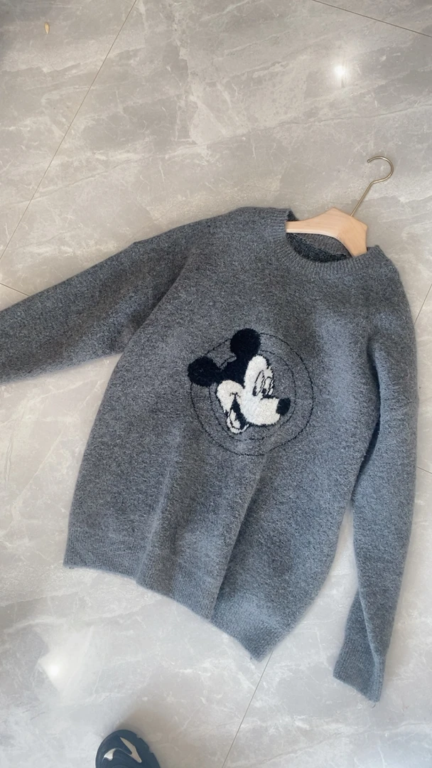 欧货慵懒风卡通米奇提花羊毛针织衫女2023冬季新款宽松百搭毛衣潮