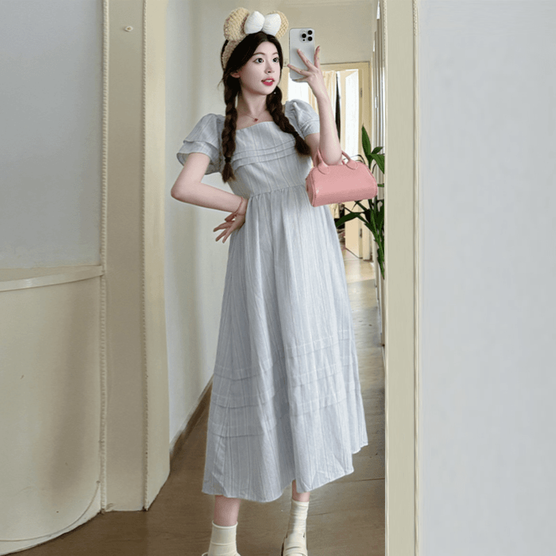 孕妇装2024夏季气质时尚法式飞飞袖一字肩显瘦两穿中长款连衣裙