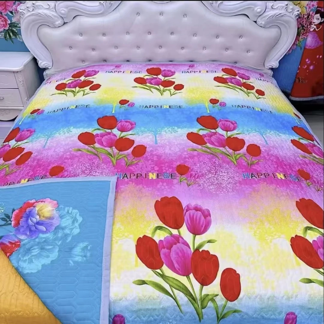 （双面床盖）七彩郁金香/水莲花 2米X2.3米 AB三层夹棉床盖可铺可盖