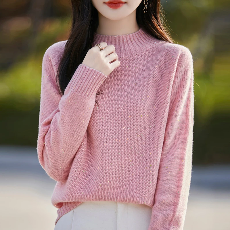 珠片！加厚款！一线成衣100%纯羊毛针织打底衫女秋冬半高领套头毛衣