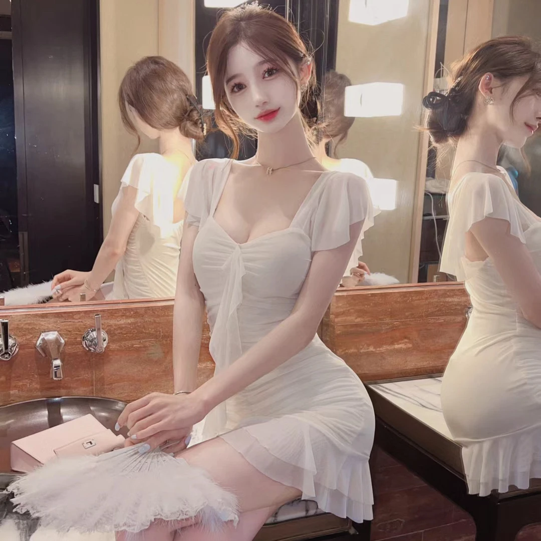 性感流苏拼接打底短袖包臀连衣裙2024女夏季新款露背夜店辣妹短裙