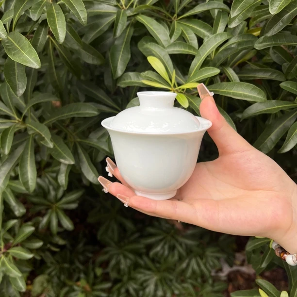 景德镇110ML岩茶小盖碗 全手工高档玉泥素胎超薄胎茶盖碗茶器陶瓷