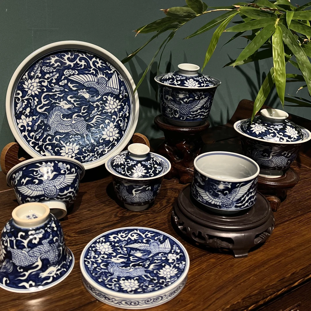 出云雅望甄选 元青花麒麟追凤纹茶器套组 景德镇纯手工手绘元青花