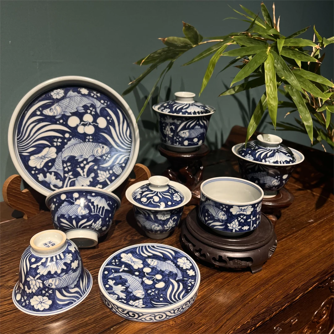 出云雅望甄选 元青花蓝地鱼澡纹茶器套组 景德镇纯手工手绘元青花