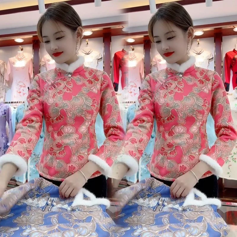 2024新款妈妈加绒加厚民族风旗袍显瘦洋气时尚短款高档改良上衣