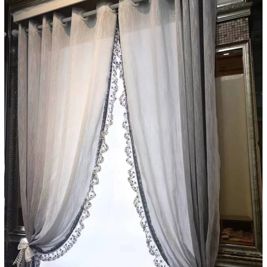 法式轻奢客厅窗帘透光不透人卧室棉麻飘窗蕾丝黑灰遮光纱帘定制