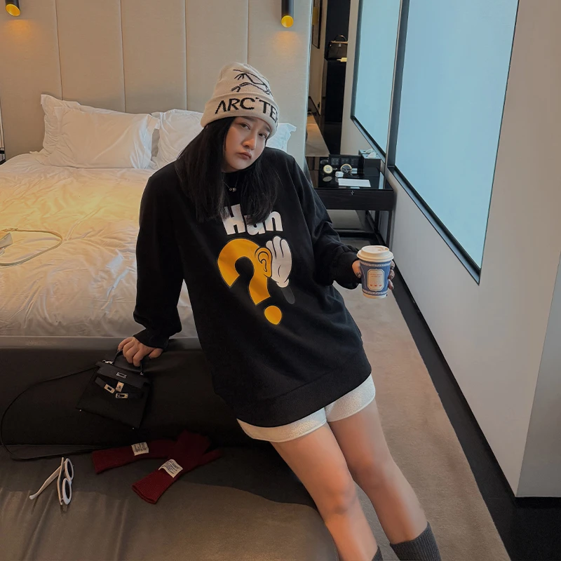 铅笔小鑫大码女装 保暖bi备 问号美式复古加绒中长款卫衣宽松显瘦