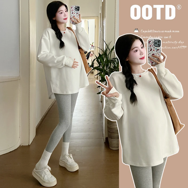 基础好搭~孕妇装秋装卫衣韩版t恤休闲宽松中长款棉白色打底上衣