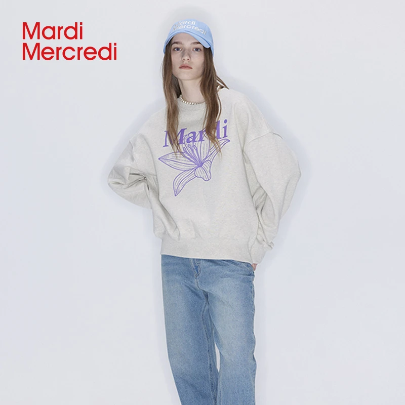 Mardi Mercredi百合圆领印花卫衣休闲男女同款百搭宽松上衣长袖秋